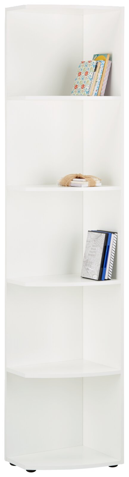 Weißes Eckregal mit fünf offenen Fächern, frontal fotografiert, ideal zur Aufbewahrung von Büchern und Dekorationen.