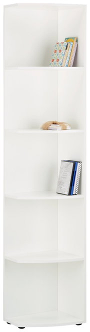 Weißes Eckregal mit fünf offenen Fächern, frontal fotografiert, ideal zur Aufbewahrung von Büchern und Dekorationen.