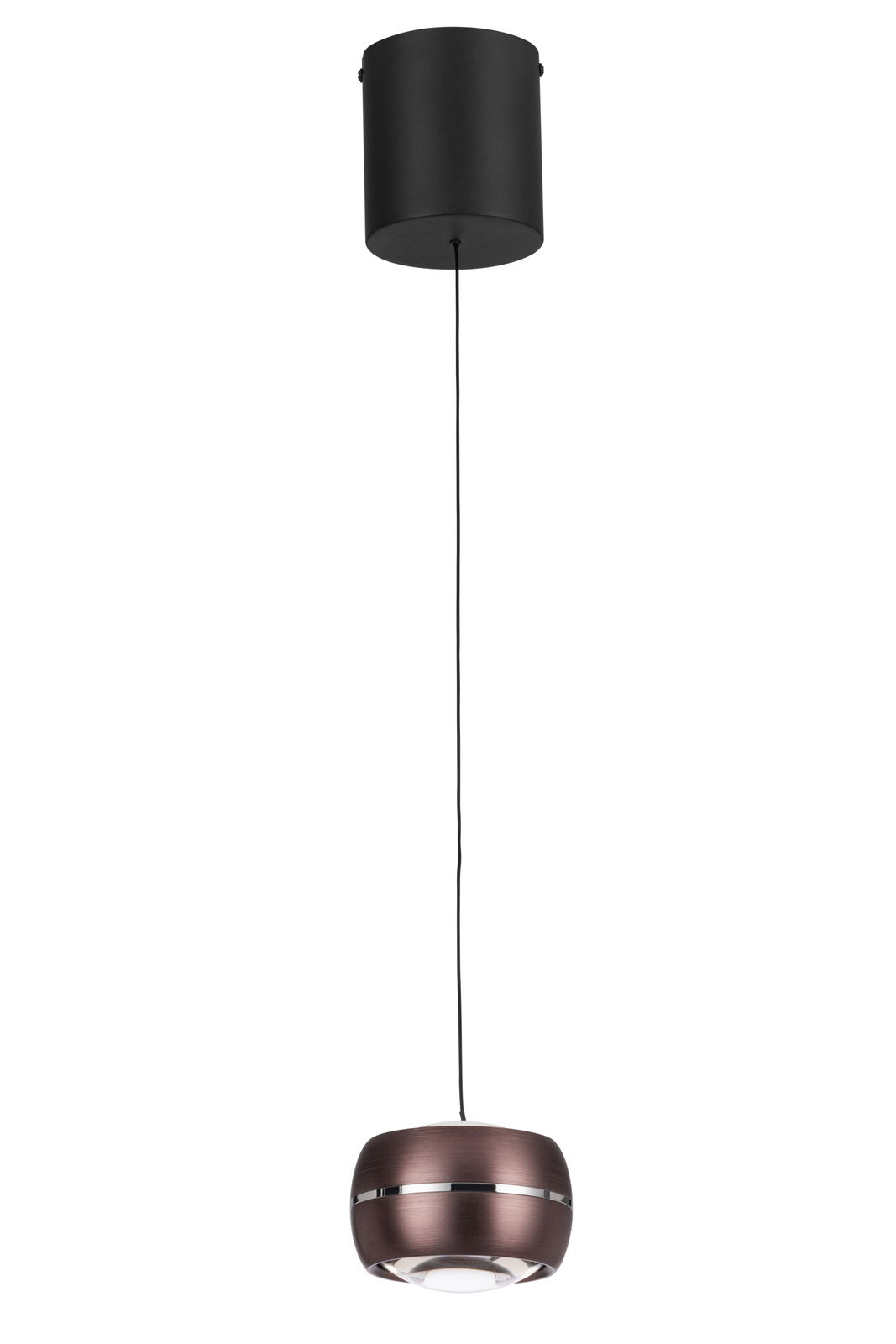 Moderne LED-Hängeleuchte in dunklem Metallfinish, seitliche Perspektive