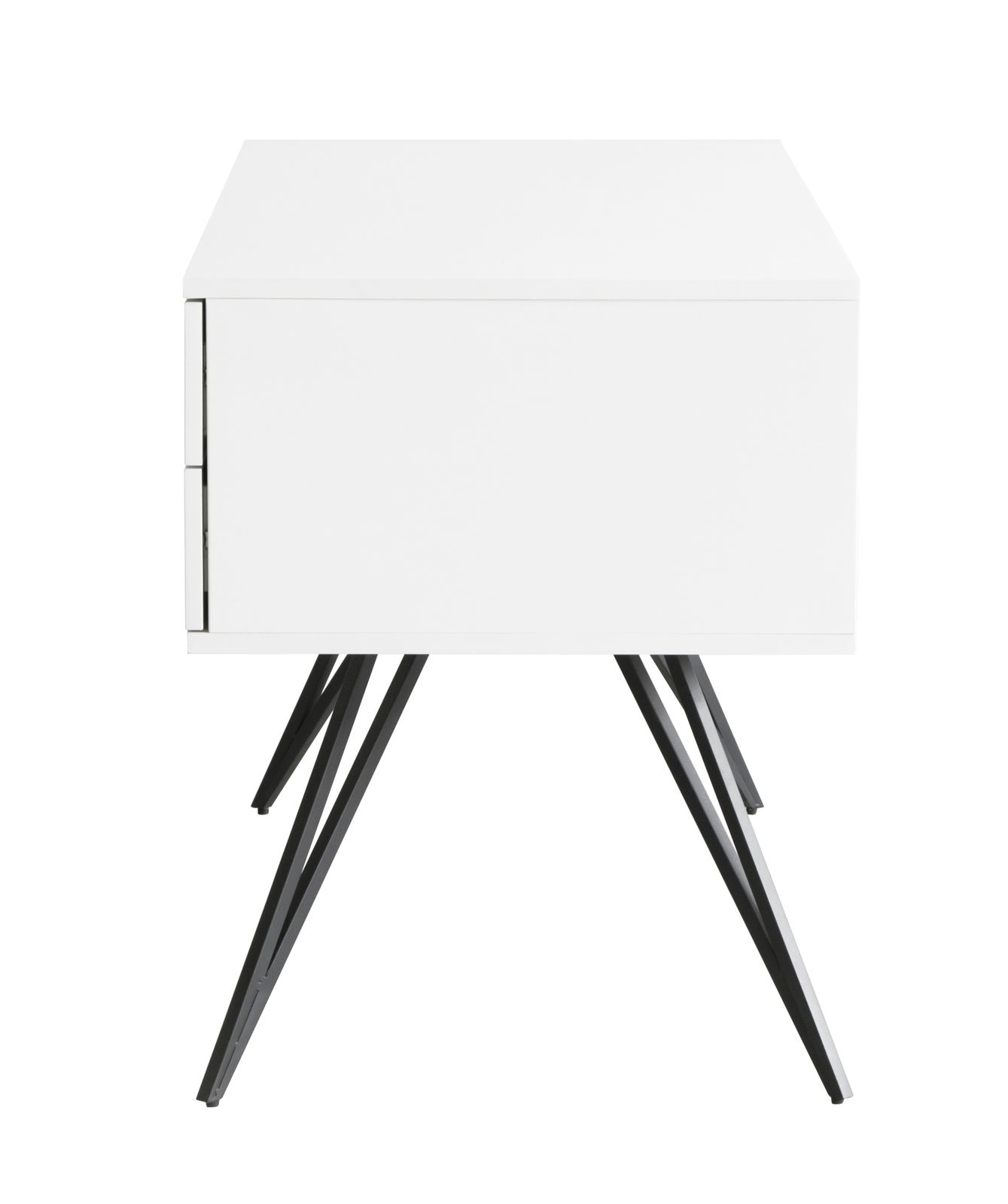 Moderner weißer Schreibtisch mit schwarzen Metallbeinen, Frontalansicht