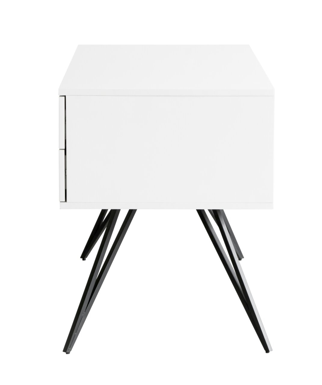 Moderner weißer Schreibtisch mit schwarzen Metallbeinen, Frontalansicht