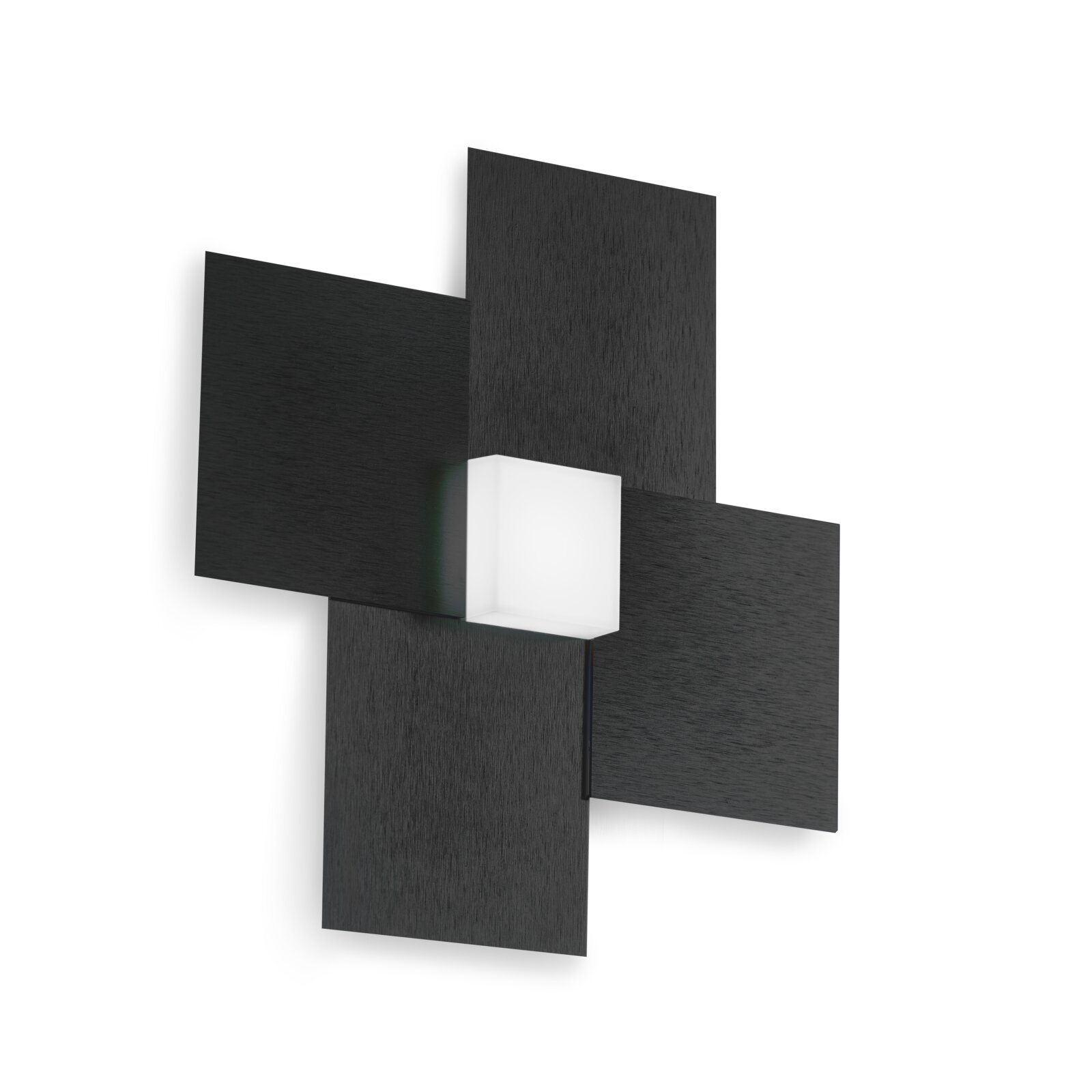 Grossmann LED-Wand-/Deckenleuchte CREO Moderne geometrische Wandleuchte mit vier überkreuz angeordneten schwarzen Paneelen in Holzoptik und zentralem weißem, quadratischem Leuchtkörper, aus schräger Frontperspektive dargestellt