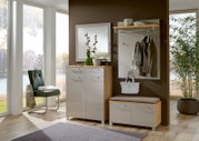 Garderoben-Set 5-tlg. in modernem Design mit Spiegel, Schrank, Sitzbank und Hakenleiste, seitliche Perspektive
