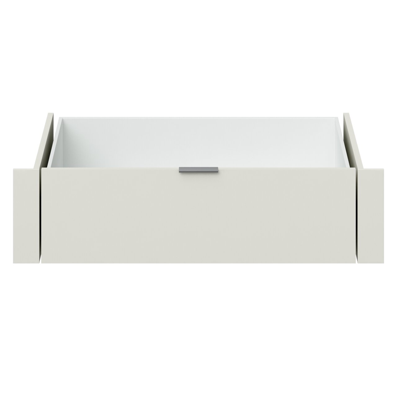 Frontale Ansicht einer weißen Innenschublade mit schlichtem Design und einem Griff in der Mitte.