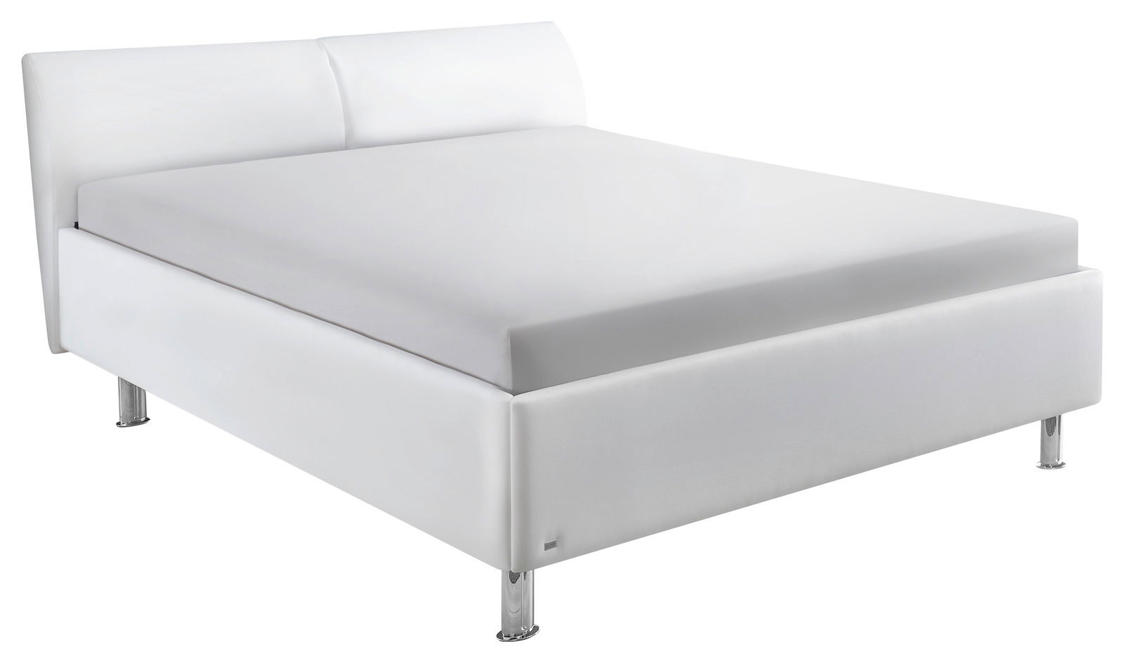 Weißes Polsterbettgestell mit Kopfteil, seitliche Perspektive