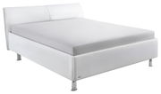 Weißes Polsterbettgestell mit Kopfteil, seitliche Perspektive