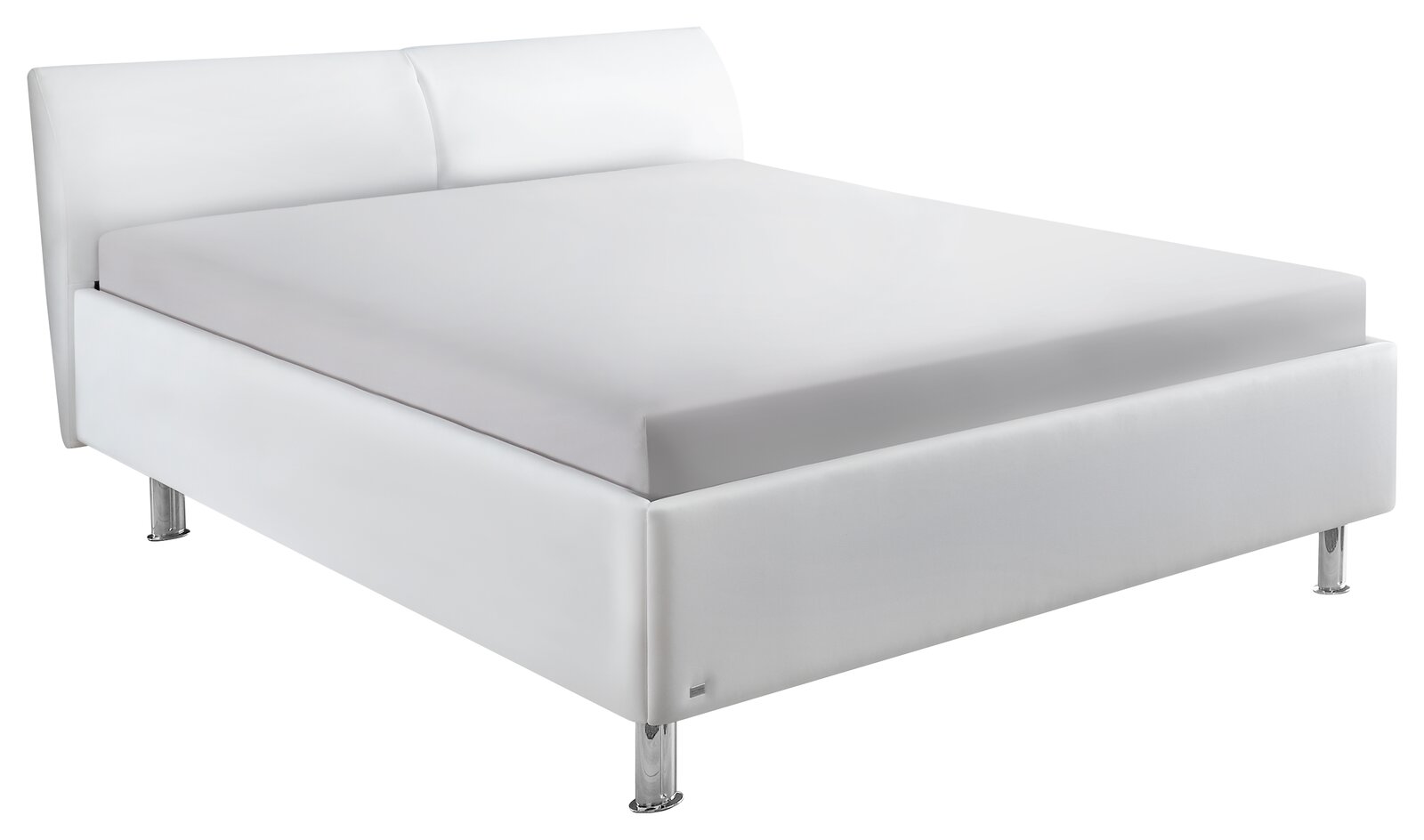 Weißes Polsterbettgestell mit Kopfteil, seitliche Perspektive