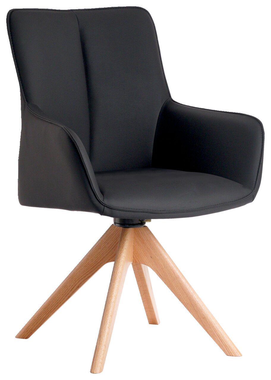 Moderner schwarzer Armlehnstuhl mit Holzbeinen, seitliche Perspektive