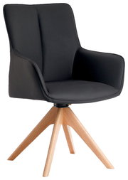 Moderner schwarzer Armlehnstuhl mit Holzbeinen, seitliche Perspektive