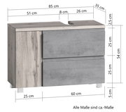 Waschbeckenunterschrank in Holzoptik mit grauen Schubladen, Frontansicht, Maße: 85 cm Breite, 54 cm Höhe, 35 cm Tiefe