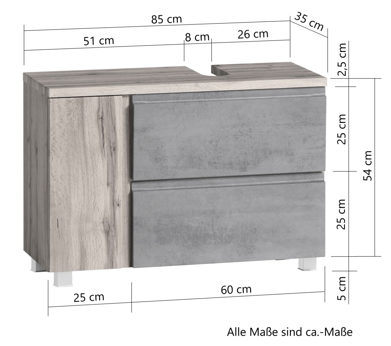 Waschbeckenunterschrank in Holzoptik mit grauen Schubladen, Frontansicht, Maße: 85 cm Breite, 54 cm Höhe, 35 cm Tiefe