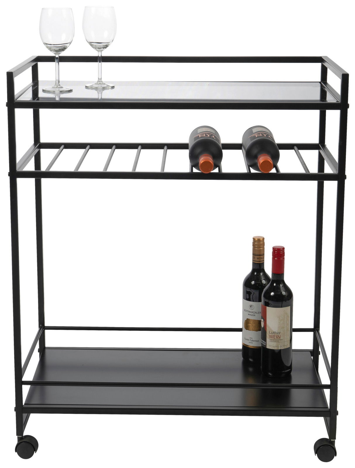 Moderner Servierwagen aus Metall mit zwei Ebenen, ausgestattet mit Weinregal und Glasablage, seitliche Perspektive.