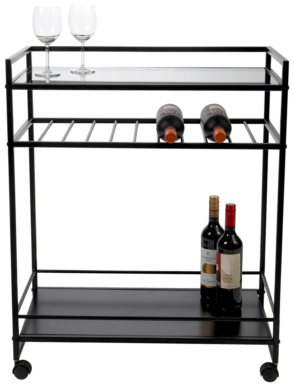 Moderner Servierwagen aus Metall mit zwei Ebenen, ausgestattet mit Weinregal und Glasablage, seitliche Perspektive.