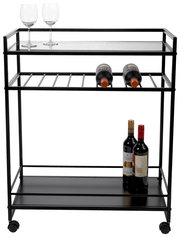 Moderner Servierwagen aus Metall mit zwei Ebenen, ausgestattet mit Weinregal und Glasablage, seitliche Perspektive.