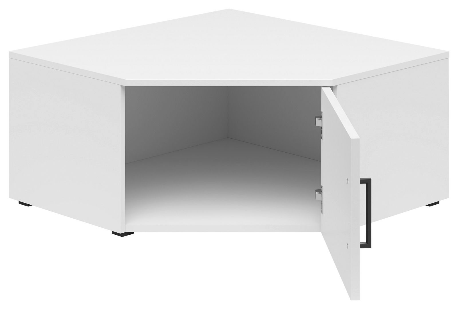 Weißer Eckaufsatzschrank mit geöffneter Tür, perspektivisch von vorne rechts betrachtet.