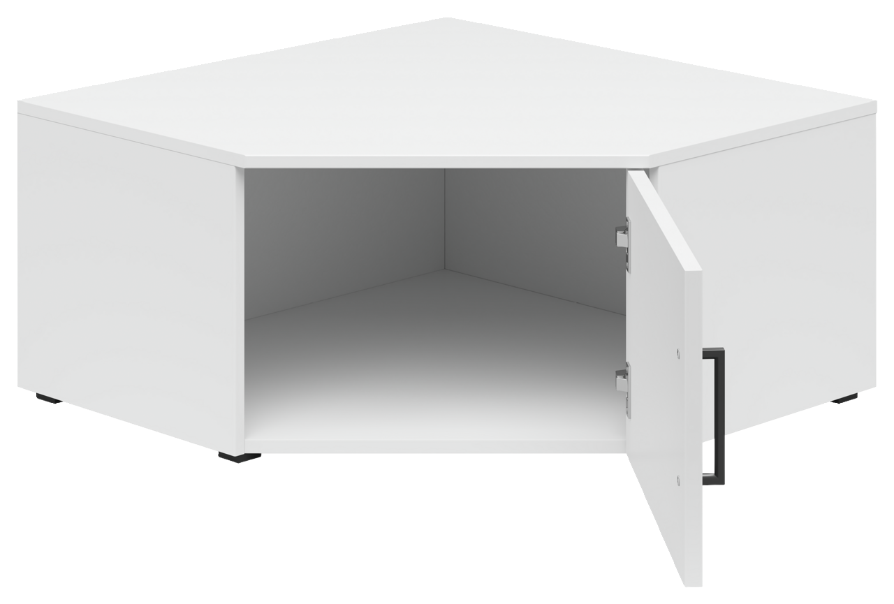 Weißer Eckaufsatzschrank mit geöffneter Tür, perspektivisch von vorne rechts betrachtet.