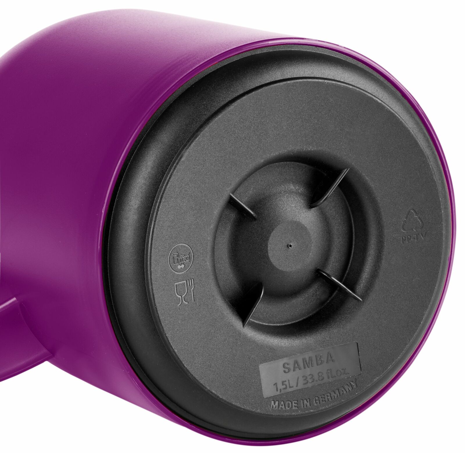 Lila Isolierkanne SAMBA 1,5L, Ansicht von unten mit schwarzem Boden und Prägung 'Made in Germany'.