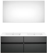Moderne Badkombination mit Doppelwaschbecken und großem Spiegel, Frontalansicht