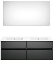 Moderne Badkombination mit Doppelwaschbecken und großem Spiegel, Frontalansicht