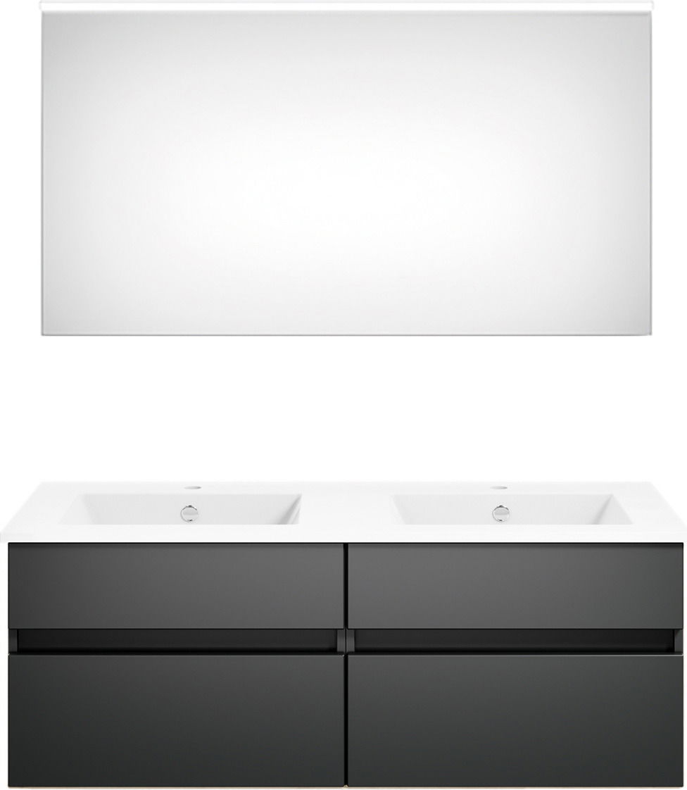Moderne Badkombination mit Doppelwaschbecken und großem Spiegel, Frontalansicht