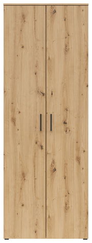 Frontansicht eines Mehrzweckschranks mit Holzoptik und zwei Türen mit schwarzen Griffen.