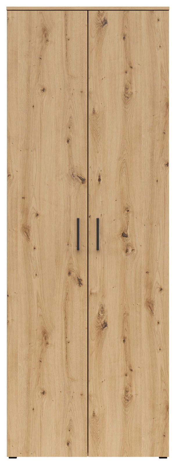 Frontansicht eines Mehrzweckschranks mit Holzoptik und zwei Türen mit schwarzen Griffen.