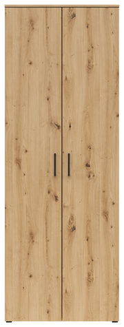 Frontansicht eines Mehrzweckschranks mit Holzoptik und zwei Türen mit schwarzen Griffen.