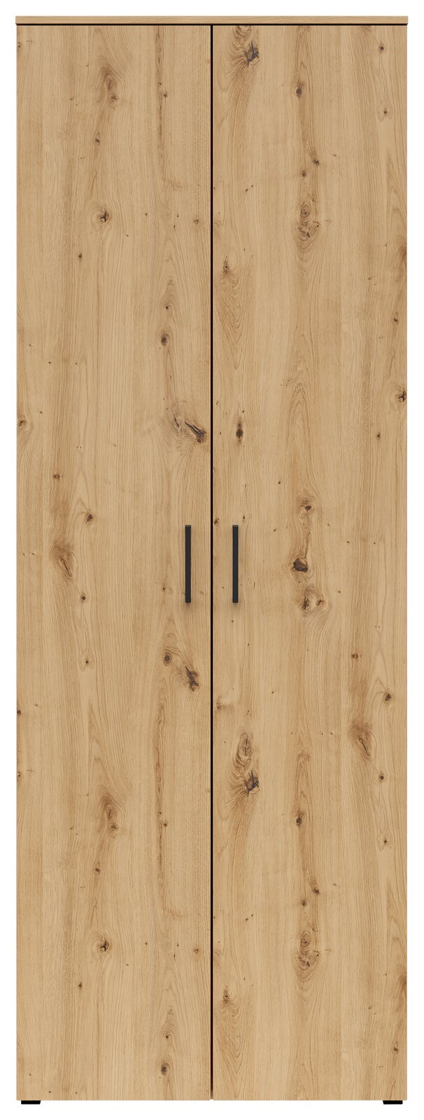 Frontansicht eines Mehrzweckschranks mit Holzoptik und zwei Türen mit schwarzen Griffen.