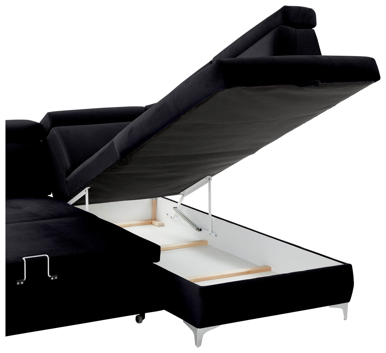 Schwarzes Sofa mit aufklappbarem Stauraum, seitliche Perspektive