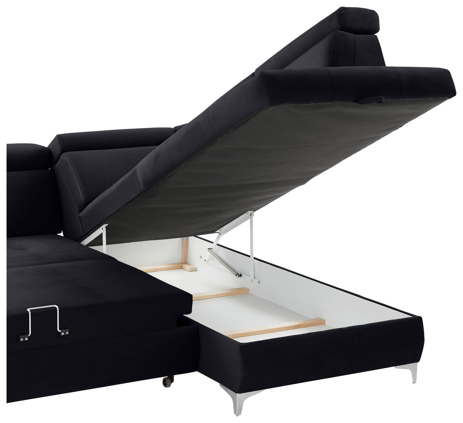 Schwarzes Sofa mit aufklappbarem Stauraum, seitliche Perspektive
