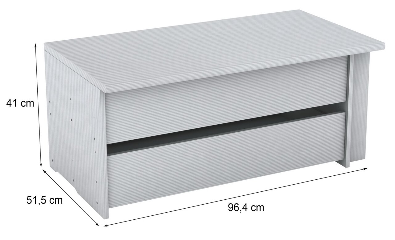 Grijze houten bank met opbergruimte, afmetingen: 96,4 cm breed, 51,5 cm diep, 41 cm hoog, zijaanzicht