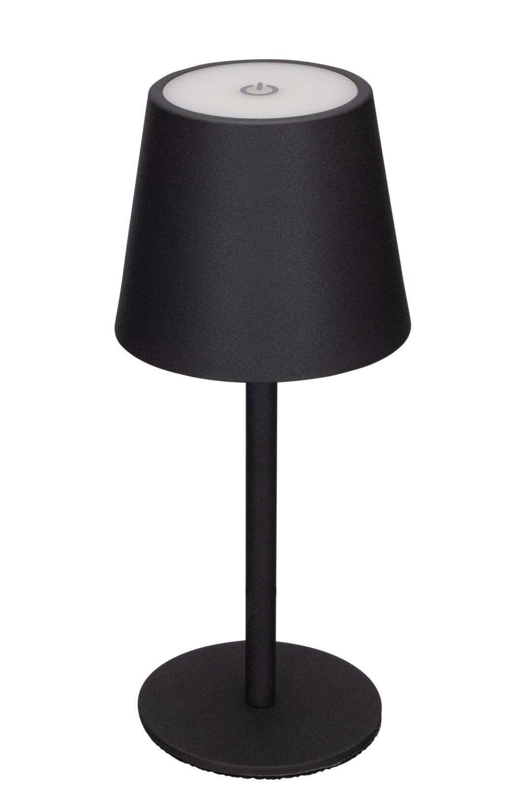 Schwarze Akku-Tischleuchte mit rundem Sockel und konischem Schirm, Ansicht von vorne.