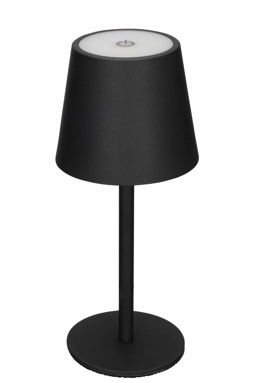 Schwarze Akku-Tischleuchte mit rundem Sockel und konischem Schirm, Ansicht von vorne.