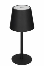 Schwarze Akku-Tischleuchte mit rundem Sockel und konischem Schirm, Ansicht von vorne.