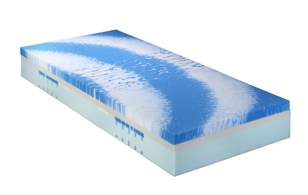 Koudschuimmatras 90 x 200 cm met blauw en wit oppervlak, zijaanzicht