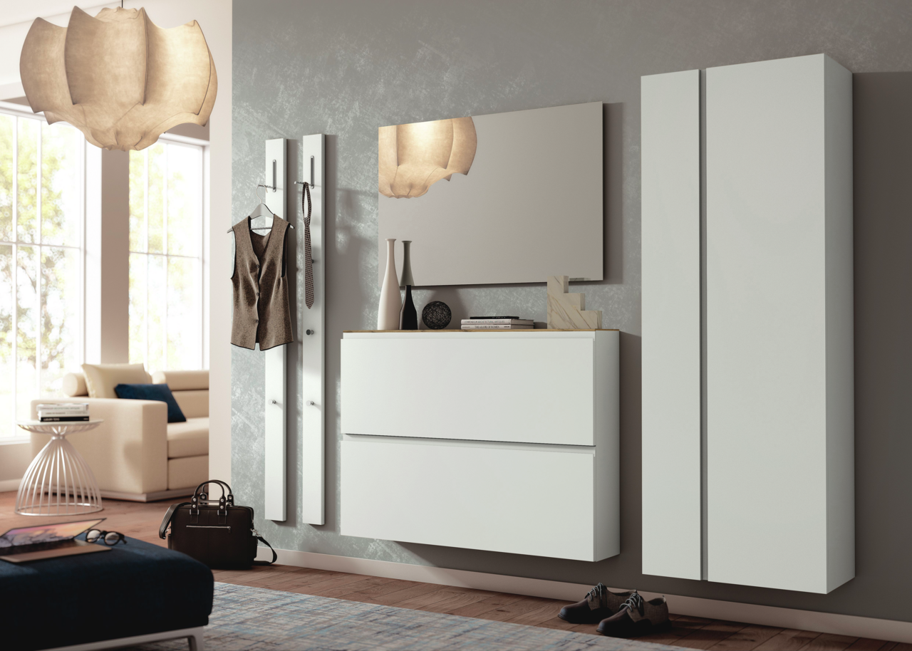 Moderano Hängeschuhschrank LECCO Moderner Flur mit weißem Hängeschuhschrank, Garderobenpaneel und Spiegel, seitliche Perspektive