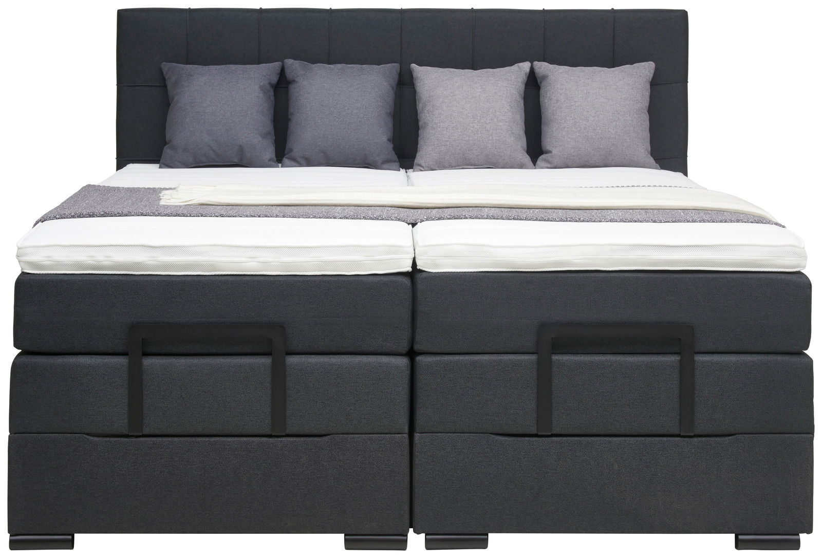 Frontale Ansicht eines modernen Boxspringbetts mit grauem Kopfteil und vier passenden Kissen.