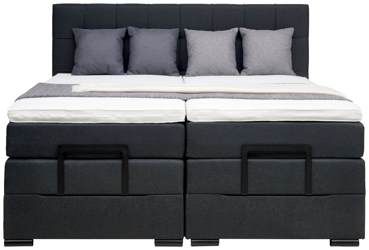 Frontale Ansicht eines modernen Boxspringbetts mit grauem Kopfteil und vier passenden Kissen.