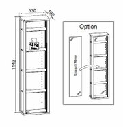 Technische Strichzeichnung eines schmalen Wandregals/Schranks mit vier Einlegeböden, Maße ca. 1143×330×180 mm, je Boden bis 15 kg, optional mit Spiegel – frontale Ansicht