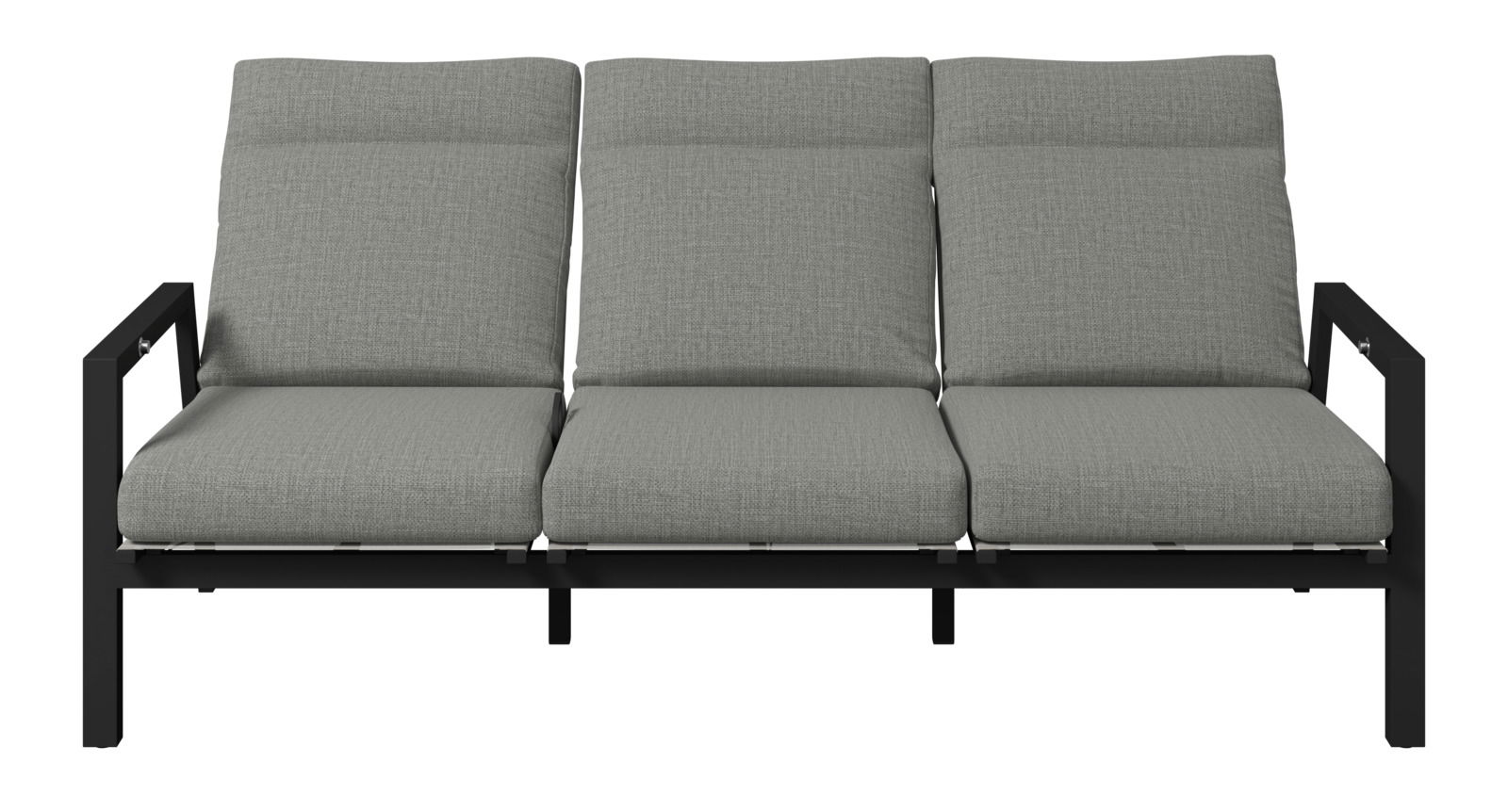 Gartenbank 3er mit grauen Kissen, Frontalansicht