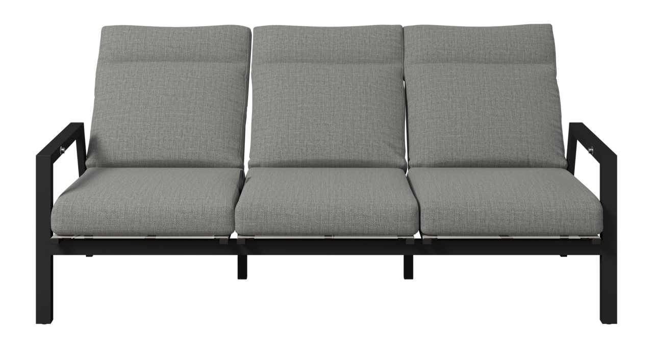 Gartenbank 3er mit grauen Kissen, Frontalansicht