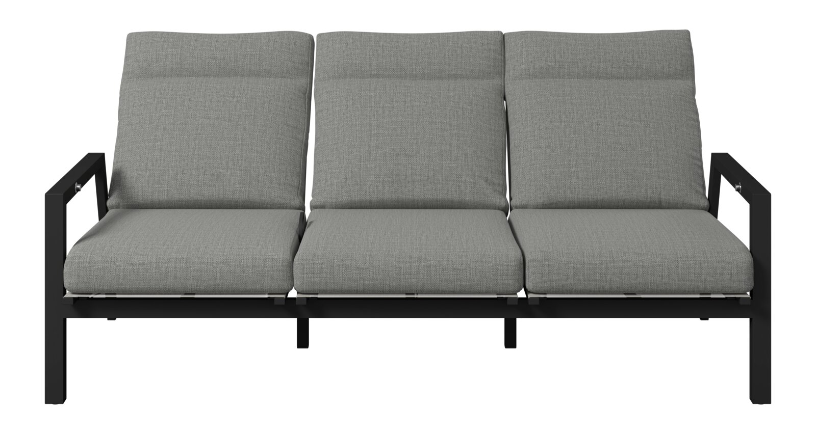 Gartenbank 3er mit grauen Kissen, Frontalansicht