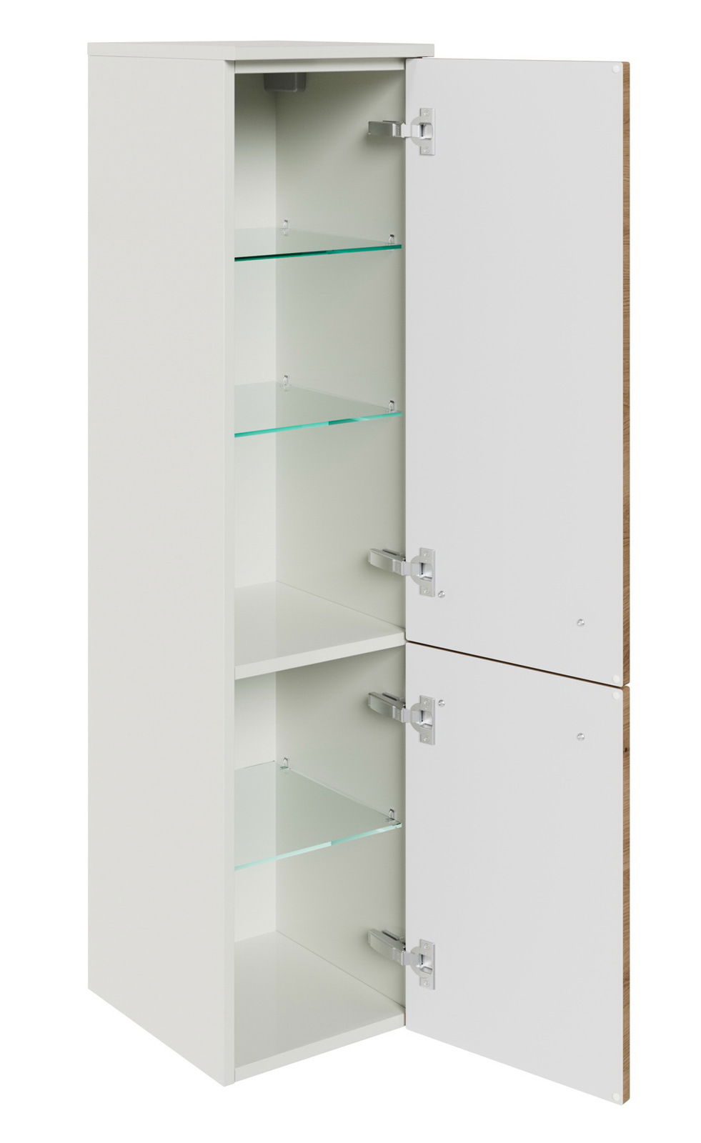 Weißer Midischrank mit zwei geöffneten Türen und Glasböden, seitliche Perspektive