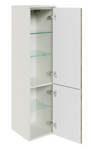 Weißer Midischrank mit zwei geöffneten Türen und Glasböden, seitliche Perspektive