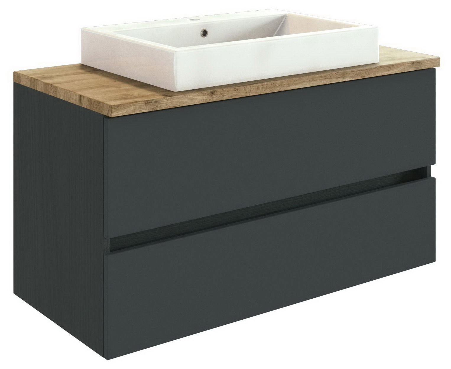 Moderner Waschtisch mit weißem Waschbecken und dunklem Unterschrank aus Holz, seitliche Perspektive