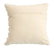 Rückansicht eines cremefarbenen Kissens mit dekorativen Kanten.