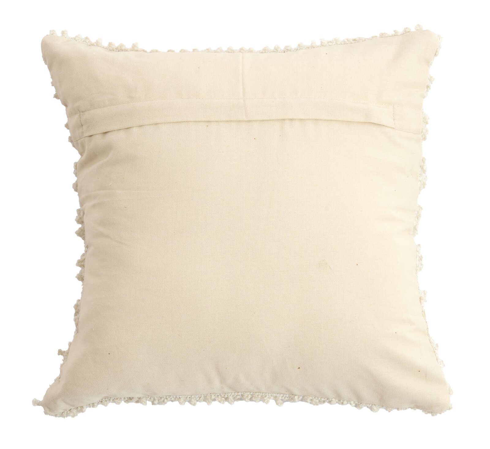 Rückansicht eines cremefarbenen Kissens mit dekorativen Kanten.