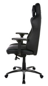 Seitliche Ansicht eines schwarzen Gaming-Stuhls mit verstellbaren Armlehnen und ergonomischem Design.