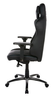 Seitliche Ansicht eines schwarzen Gaming-Stuhls mit verstellbaren Armlehnen und ergonomischem Design.