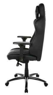 Seitliche Ansicht eines schwarzen Gaming-Stuhls mit verstellbaren Armlehnen und ergonomischem Design.